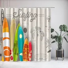 

Surfboard Shower Curtain Summer White Wooden Board Tropical Palm Tree Rustic Plank Abstract Creative Bath Decor Polyester Hook