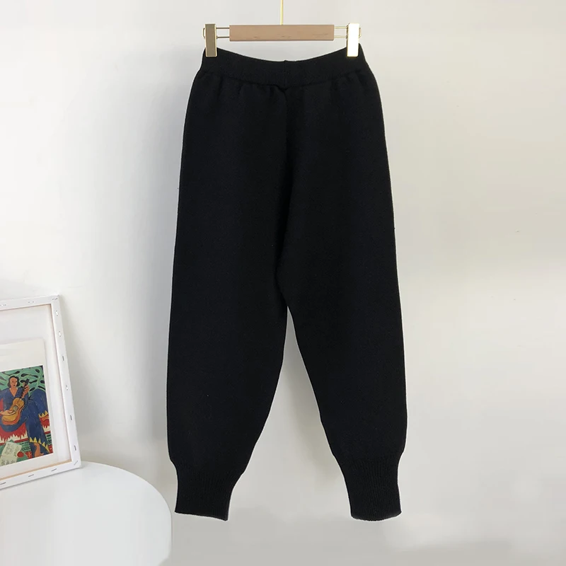 Aachoae 2020 Autumn Winter Knitted Pants Women Elastic Waist Drawstring Trousers Long Pencil Pants With Pockets Ladies Bottoms