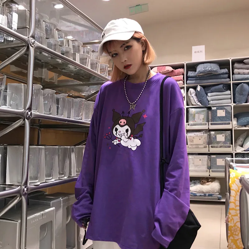 Корейская футболка с круглым вырезом и длинным рукавом, женские Топы Harajuku, уличная одежда, фиолетовая футболка с принтом дьявола, повседневные свободные осенние женские футболки, топы