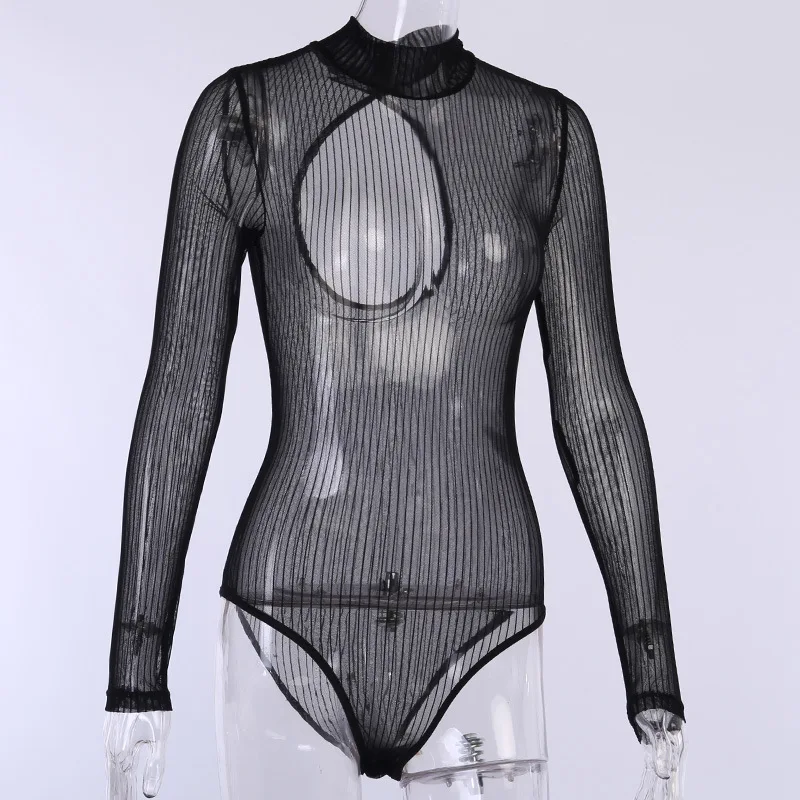 Shestyle Black See Through Mesh Striped Hole Scoop Back Mock Neck Sexy Summer Bodysuits Women Fashion Ladies Rompers  Bodies mesh bodysuit