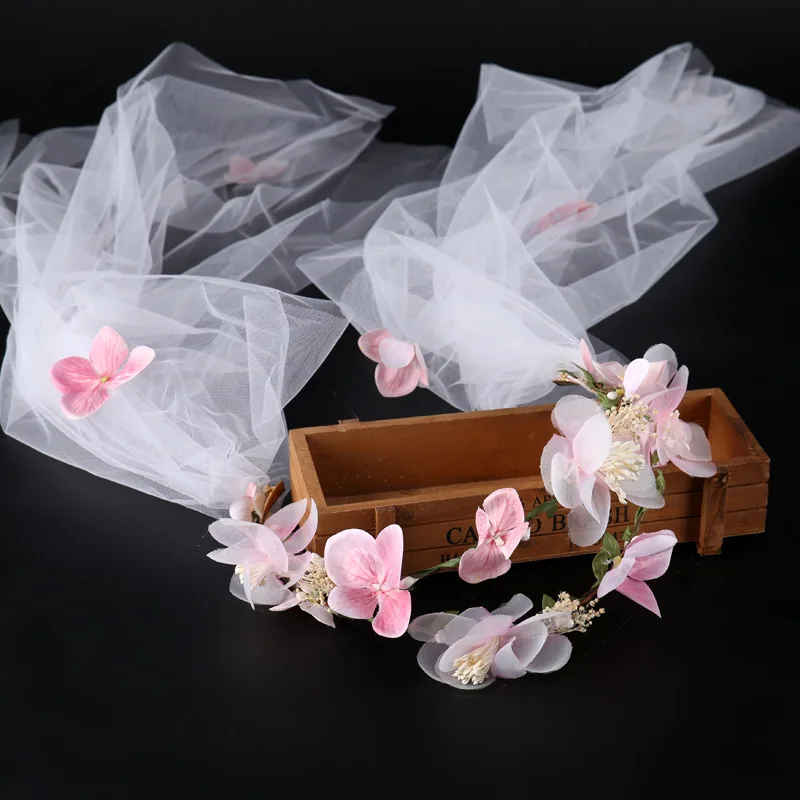 В богемном стиле Свадебные Короткие свадебные аксессуары, фата невесты розовые цветы Корона головной убор повязка класса Люкс свадебная фата Аксессуары для милых девочек