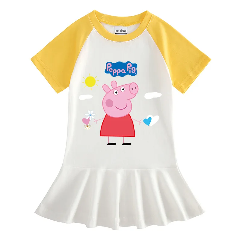 peppa pig girls half-sleeved dress baby cotton pleated princess skirt cartoon animation peripheral kids clothing