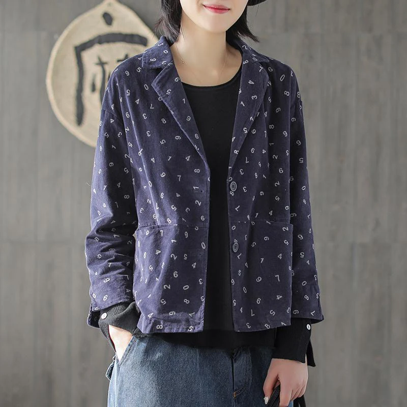 

Spring Autumn New Arts Style Women Long Sleeve Loose Retro Short Coats Cotton Corduroy Numerals Print Casual Jackets D449