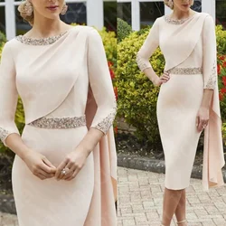 Charming Nude Pink Short Mother of the Bride Dresses Beaded Tea Length Wedding Party Dresses 3/4 Sleeves Mother Dress Beaded