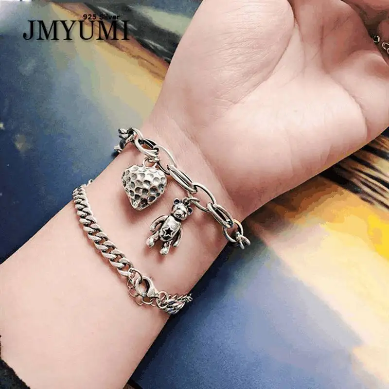 

JMYUMI 925 Sterling Silver Thick Snake Chain Bracelets for Women Trendy Vintage Thai Silver Bear LOVE Heart Party Jewelry Gifts