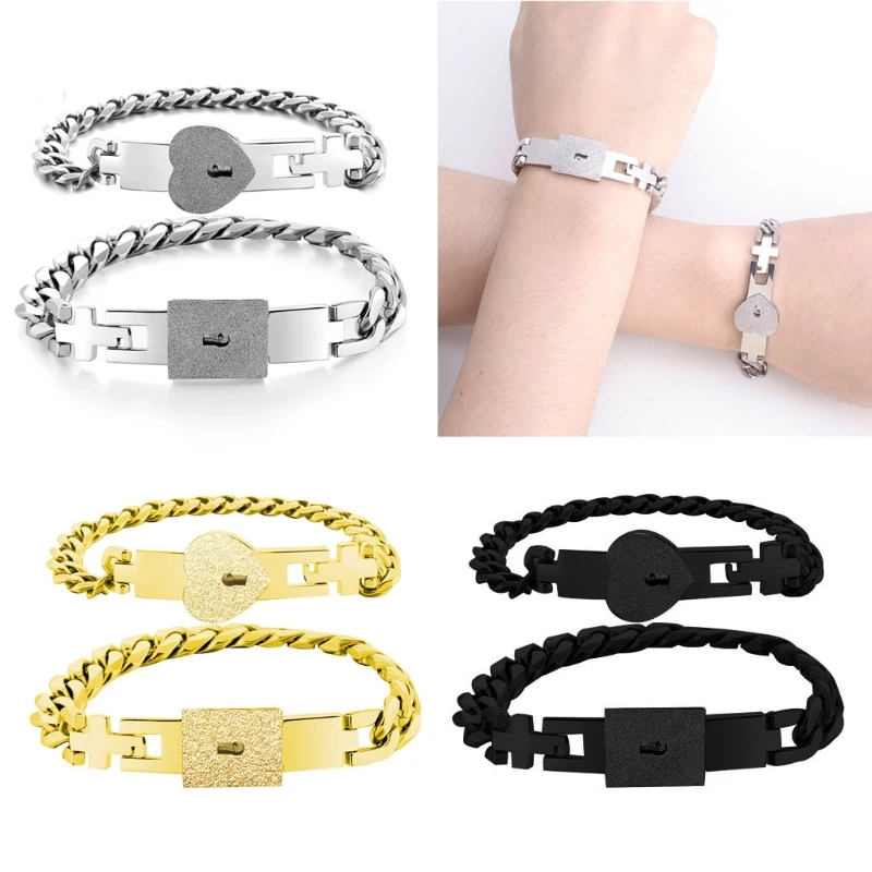 2Pcs Tone Stainless Steel Lover Heart Love Lock Bracelet with Lock Key