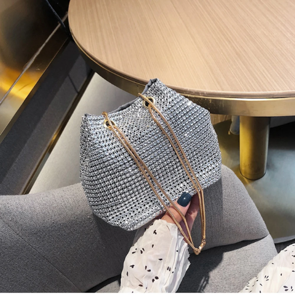 Fashion Evening Bag Women's Rhinestone Bucket Bag Crystal Clutches Shoulder Bucket Bag Shining Cross-body Hand Bag