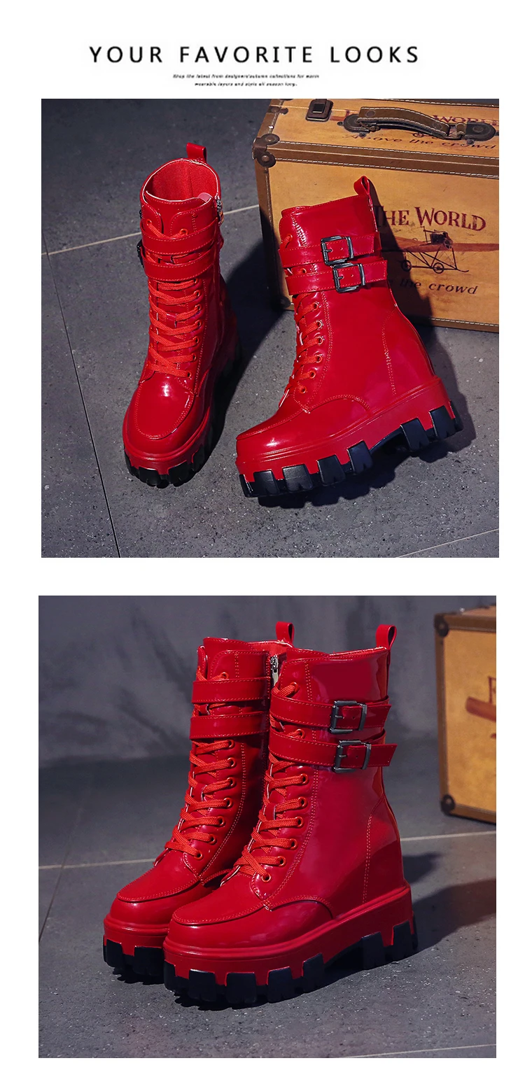 Womens Round Toe Ankel Martin Boots Lace Up Platform Wedeg Hidden 10CM Heel Punk Motorcycle Shoes New 5Colors A1811