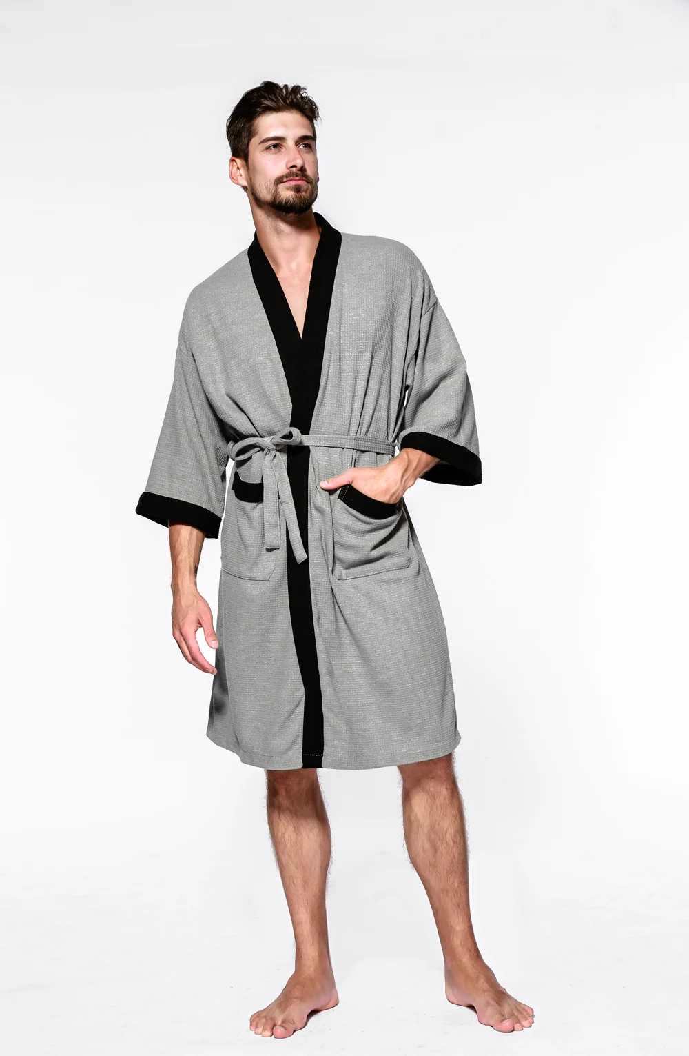 Mens Bath Robe Cotton Waffle Plaid Kimono Bathrobe Steaming Sauna Mens