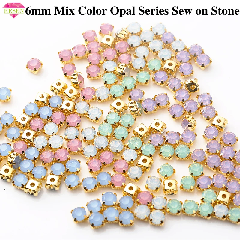 

RESEN 6mm Mix Fancy Opal Colors Resin Sew On Rhinestones With Gold Claw Pink/Blue/Green/White Opal Sewing Rhinestones DIY Dress