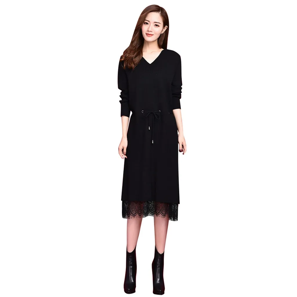 Модное женское повседневное осенне зимнее кружевное платье с v образным вырезом