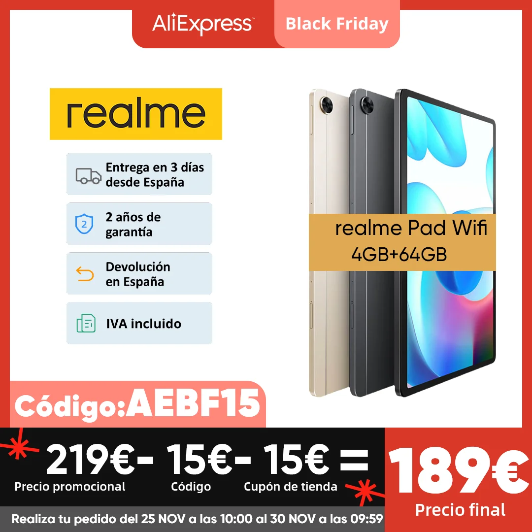 realme Pad con pantalla de 10,4 " 4GB RAM 64GB ROM Helio G80 cámara gran angular de 8MP batería de 7100mAh