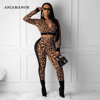 

ANJAMANOR Fashion Sexy Leopard Print Two Piece Set Top and Pants Tracksuit Women Clothes Bodycon Outfits Matching Sets D46-AE97