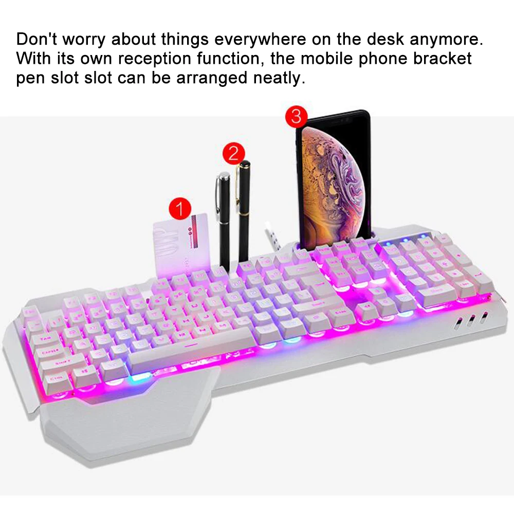 Waterproof Mechanical Rainbow Backlit Multi Shortcuts Gaming Keyboard 3200 DPI Optical Mice Mouse Pad Set with Pen Phone Holder