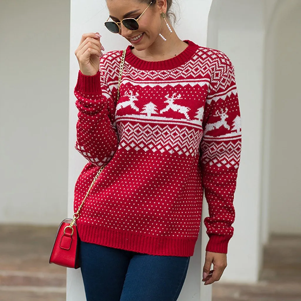 

Christmas Women Sweater Santa Claus Xmas Printing Long Sleeve O-neck Christmas Knitting Pullover Sweater Top Jumper Knitwear #38