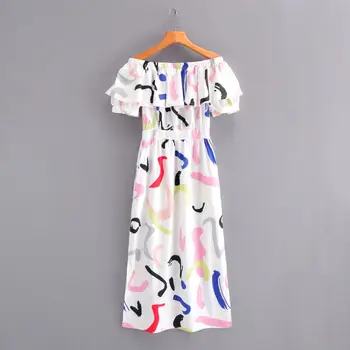 

2020 Women sexy off shoulder graffiti print ruffles midi Dress female side split pockets midi Vestidos Chic beach Dresses DS3788
