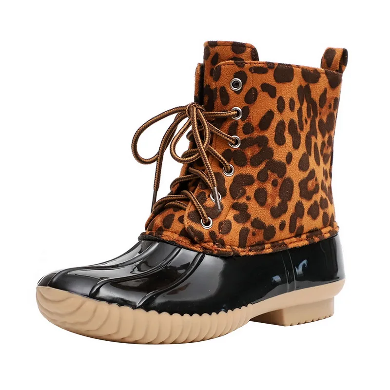 

JODIMITTY Leopard Boots for Women Boots Lady Duck Boot Waterproof Women Rain Boots Lace Up Ankle Shoes Christmas Winter Shoes