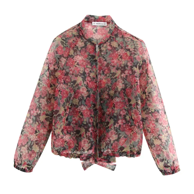 Прозрачный солнцезащитный Топ Лето 2019 Новая мода цветочные принты полный рукав