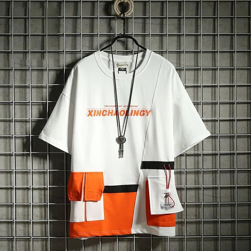 Fashion Summer Mens Printed Hip Hop T Shirt Patchwork Multi Pockets Loose Fit Half Sleeve Bf T Shirt For Male T Shirts Aliexpress