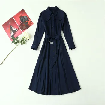 

Elegant OL Ladies Office Dress 2019 Autumn Winter Turn-down Collar Long Sleeve Blue Shirt Dress Pleated Midi Dress Female