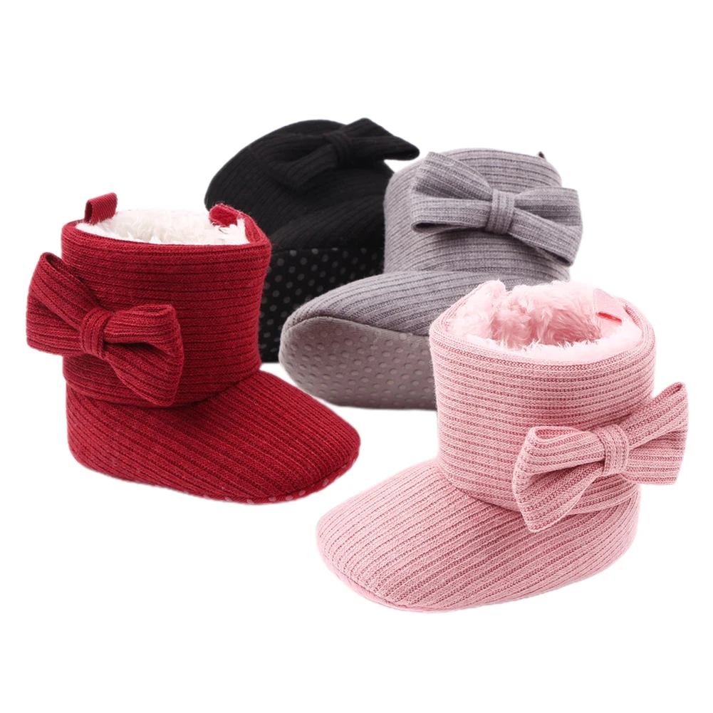 

Lioraitiin 0-18M Newborn Infant Baby Girl Winter First Walkers Shoes Solid Bow Snow Boots Soft Sole Anti-Slip Bowknot Crib Shoes