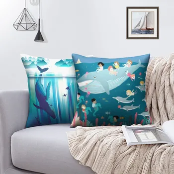 

Nanacoba Ocean Fishes Print Cushion Cover Mriane Animals Photo Pillows Covers for Home Sofa Chair Decorative Plush Pillowcases