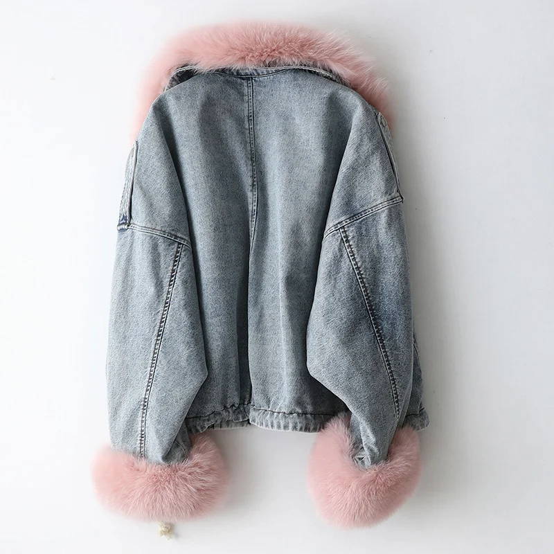 

2020 Parka Real Fur Coat Female Rabbit Fur Liner Denim Jacket Winter Coat Women Fox Fur Collar Warm Korean Jackets MY