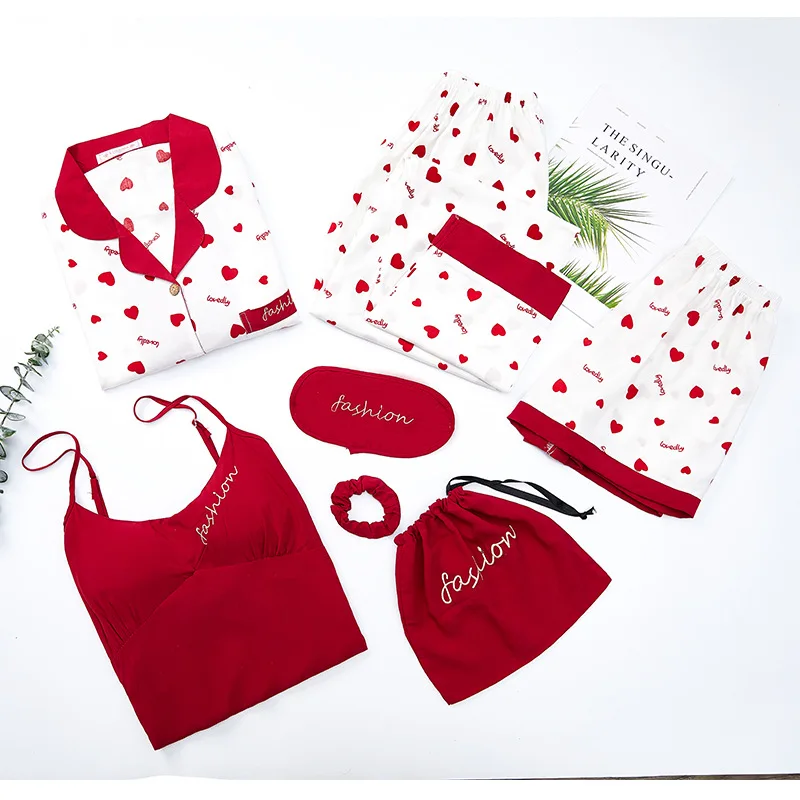 

New Style with Chest Pad Pajamas Women's Autumn People Cotton Silk Seven Sets of Pure Cotton Camisole Sexy Sweet Homewear Set