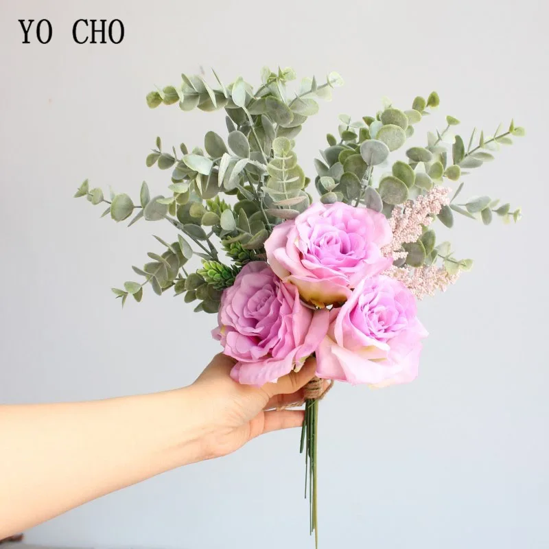 purple YO CHO Прямая поставка Свадебный букет искусственная Шелковая Роза украшение для свадьбы цветок шампанское ваниль Спайк суккуленты листья эвкалипта - Цвет: purple