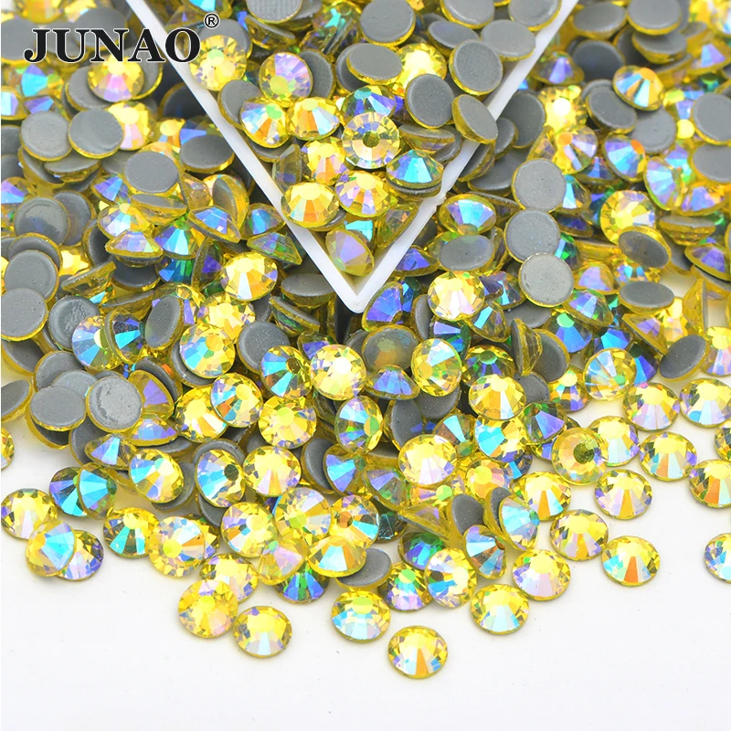 

JUNAO SS6 8 10 12 16 20 30 Citrine AB Hotfix Glass Crystal Rhineston Round Flat Back Strass Beads Iron On Transfer Crystal Stone