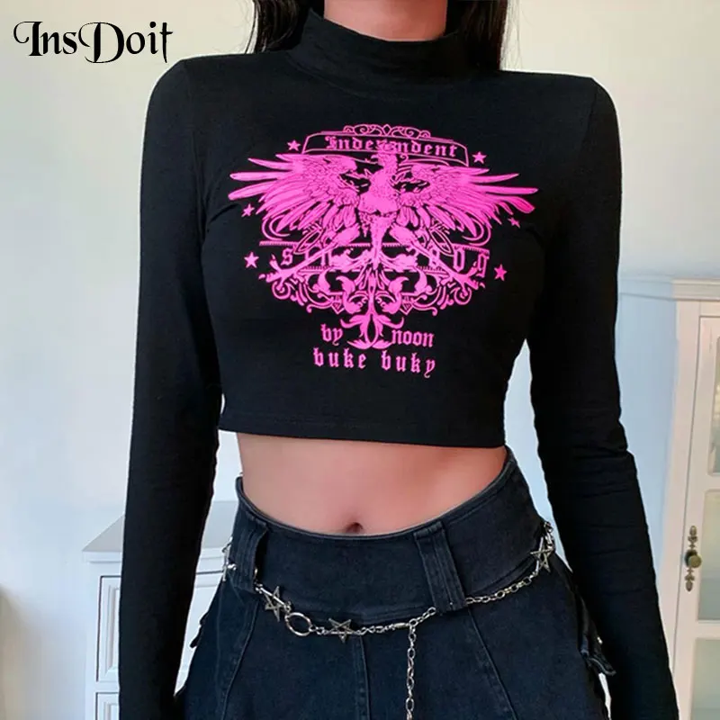 Женская футболка с длинным рукавом InsDoit черная Готическая принтом в стиле