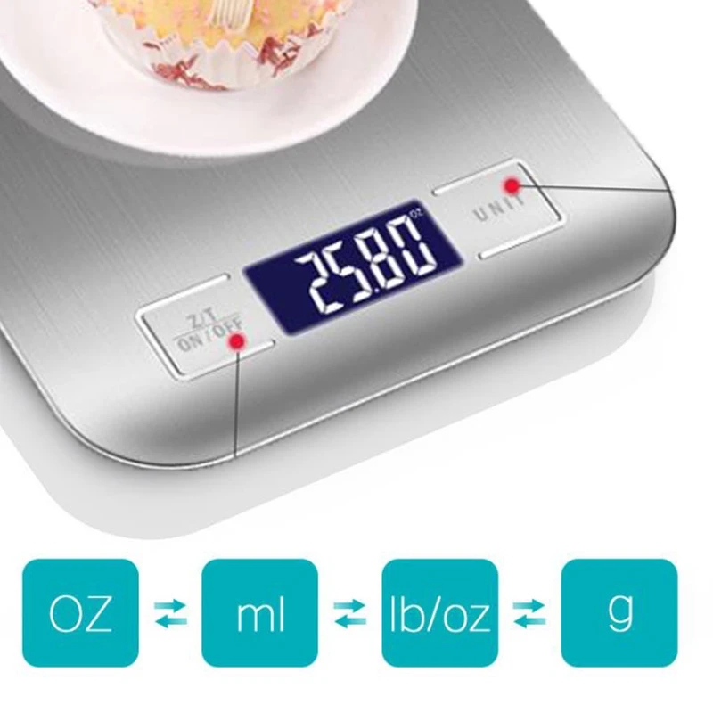 Высокоточные электронные кухонные весы 5 кг/1 г с ЖК-дисплеем, цифровые весы для еды, весы из нержавеющей стали, инструмент, весы, серебро