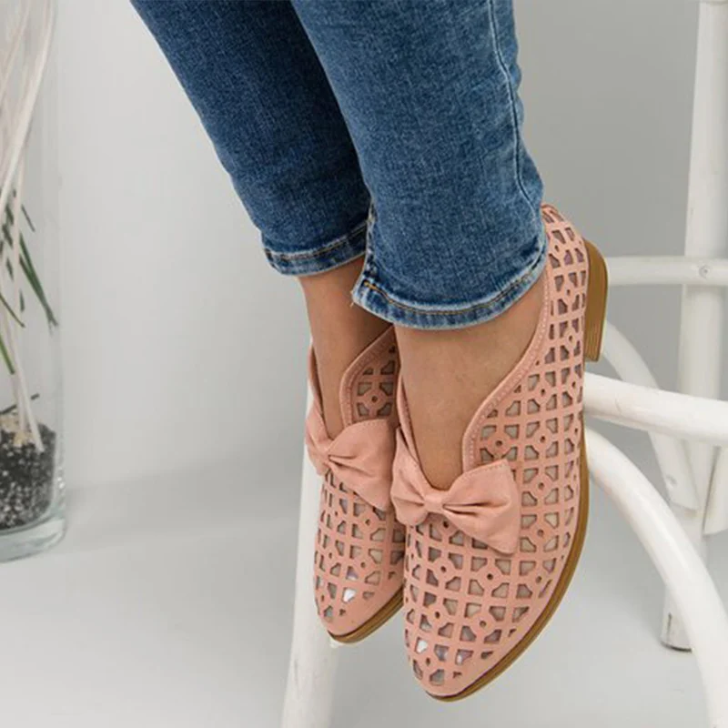 Zapatos de tacón bajo antideslizantes para mujer, zapatillas informales transpirables con lazo y punta estrecha, informales, cómodas, 2021
