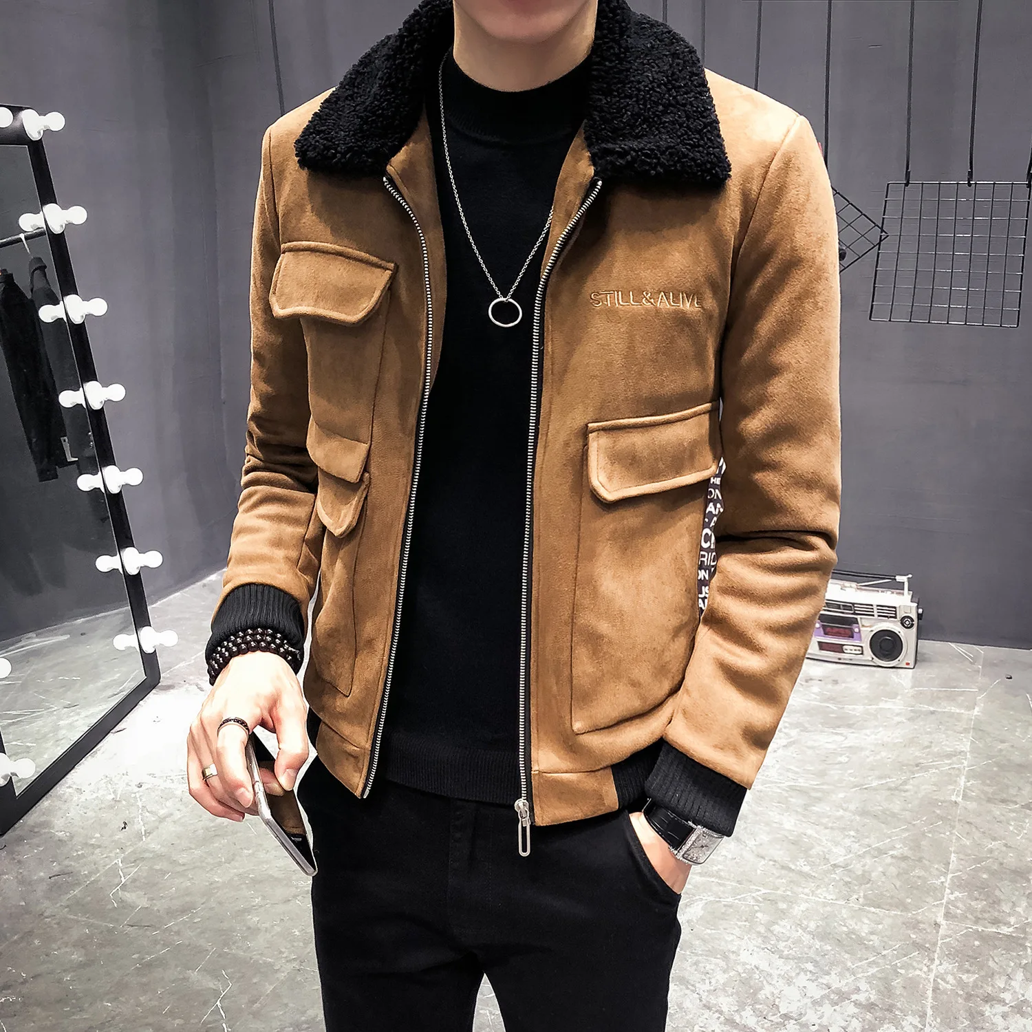 Tanie Zima mężczyźni odzież kurtka Deerskin odporne na zimno bawełny wyściełane koreański, slim kurtka deri ceket płaszcze męskie futro kołnierz Erkek kurtki