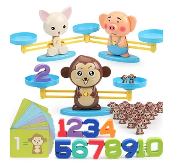 

Montessori Math Balancing Scale Number Board Game Educational Toy Monkey Pig Dog Animal Figure Baby Preschool Math Toys