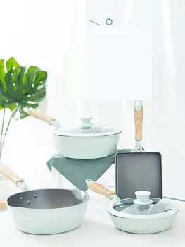 

New Type Pan Non Stick Pan Steak Pan Thick Egg Burning Jade Burning Pot Deep Frying Pan Wood Grain Handle Universal Stove