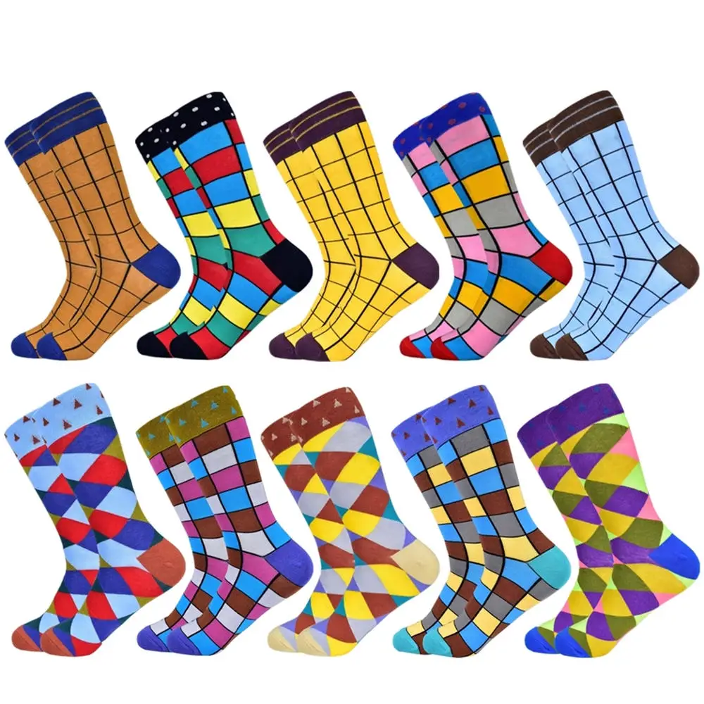 10 pairs of socks-R Горячая Распродажа, мужские носки новые цветные осенние и зимние хлопковые носки геометрические решетки классические деловые повседневные счастливые мужские носки - Цвет: 10 pairs of socks-R