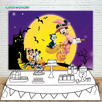 

Pink Witch Wizard Minnie Mouse Photo Background Black Castle Full Moon Pumpkin Latern Backdrop For Happy Halloween Party Banner