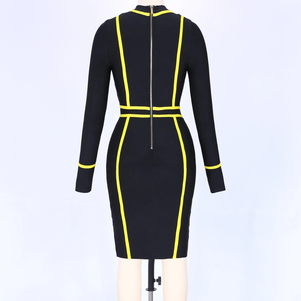 Ocstrade Новое Осеннее Черное мини-платье с круглым вырезом и длинным рукавом желтого цвета на молнии сзади хорошее качество Бандажное платье