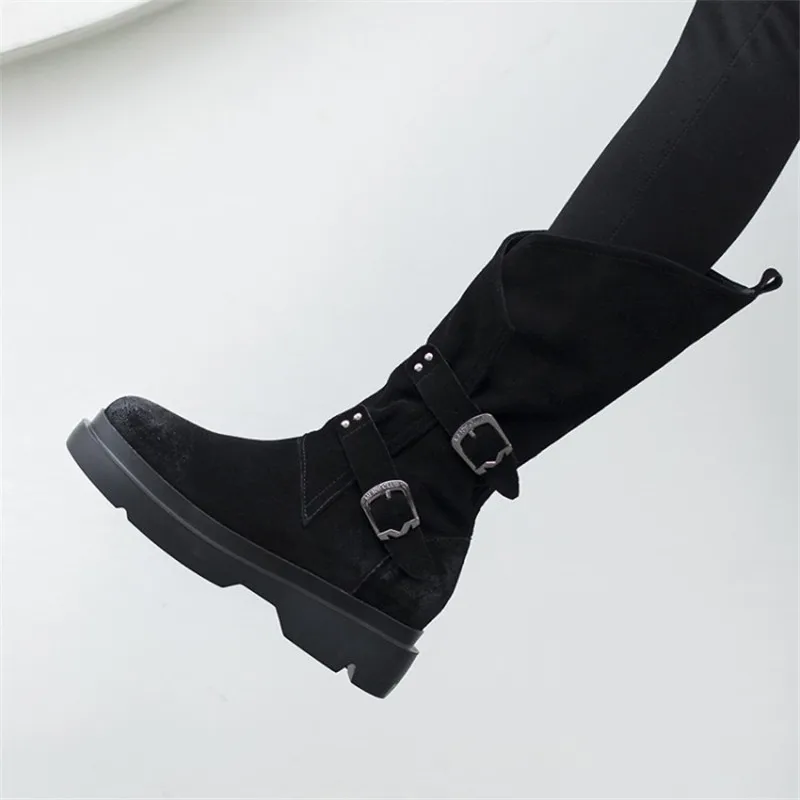 ASUMER Newest mid calf boots women suede leather buckle zip flat platform shoes autumn winter Motorcycle Boots female