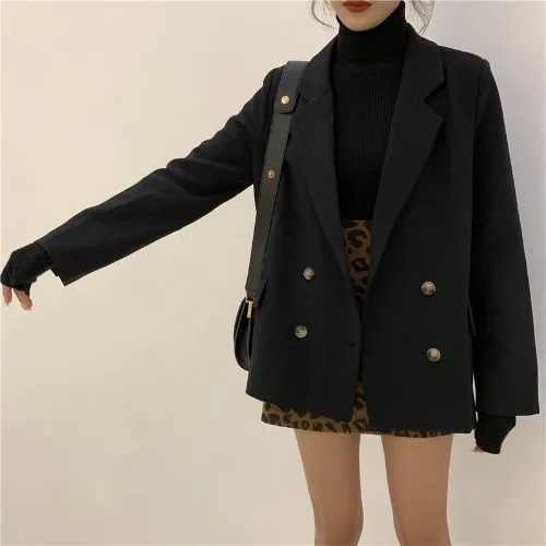 Chaquetas mujer повседневное пальто в корейском винтажном стиле, одноцветное пальто с длинным рукавом, женский черный двубортный блейзер для женщин - Цвет: Черный