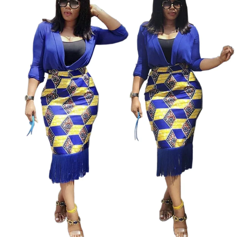 Autumn Ladies Bodycon Skirt Plus Size African Style Printing Tassel Skirts Elegant Fall Women High Waist Faldas Mujer Moda