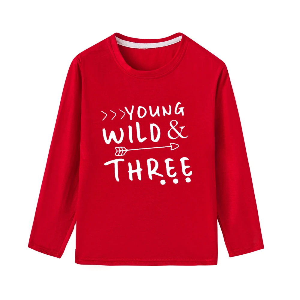Young Wild/Осенняя футболка с длинными рукавами для мальчиков и девочек крутые Детские футболки с буквенным принтом и круглым вырезом; модные однотонные топы-футболки