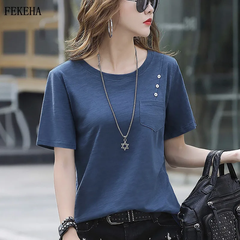 

Summer Women T-Shirts Loose Short Sleeve Tee Tops One Pocket White Lady Tshirt Female Clothes Solid Color
