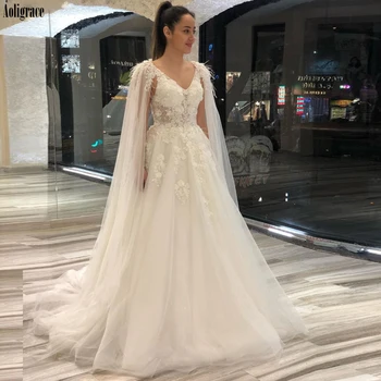 

Muslim Wedding Dresses Lace2020 Cape V Neck Long Sleeve Lace Appliques Beaded Feather Bridal Gown Vestido de Noiva Streamer