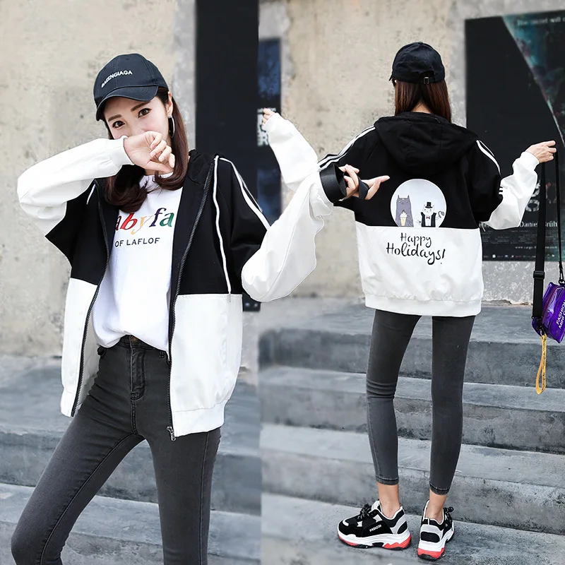 

Autumn Clothing Women's 2018 New Style Korean-style Casual Loose-Fit Cartoon Printed Short Hooded Long Sleeve Thin Contrast Colo