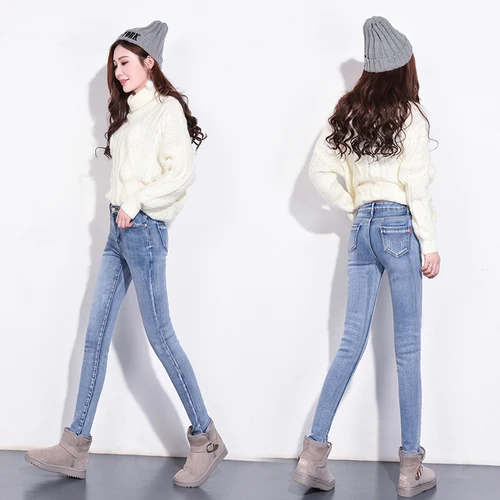 Winter High Waist Skinny Fleece Lined Denim Pants Slim Pencil Jeans for Women - Цвет: Light Blue