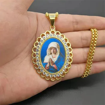 

Iced Out Zircon Virgin Mary Pendant Necklace For Women Gold Color Stainless Steel Bling CZ Necklace Christian Jewelry Madonna