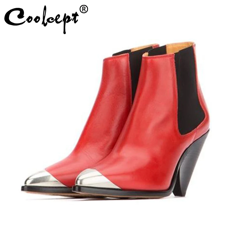

Coolcept Women Ankle Boots Genuine Leather Western Cowboy Shoes Women Brand New Fashion Autumn Winter Strange Heels Size 33-43