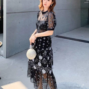 

Sexy Mesh Gown Hollow Short-Sleeved Sequin Flowers Slim Temperament Mid-Length Dress Spring Summer New Women'S High Quality
